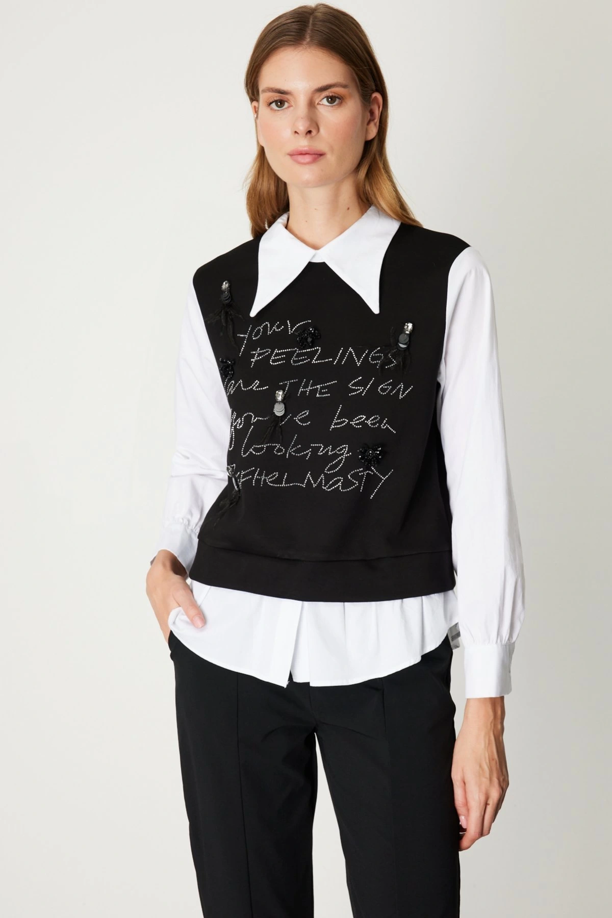 On Fashion İşlemeli Süveterli Gömlekli Bluz 66332