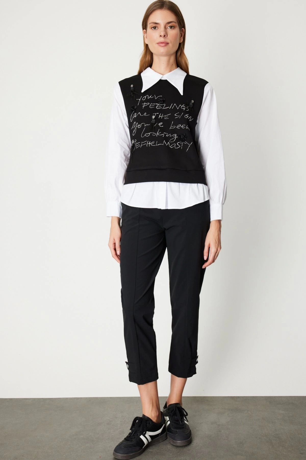 On Fashion İşlemeli Süveterli Gömlekli Bluz 66332