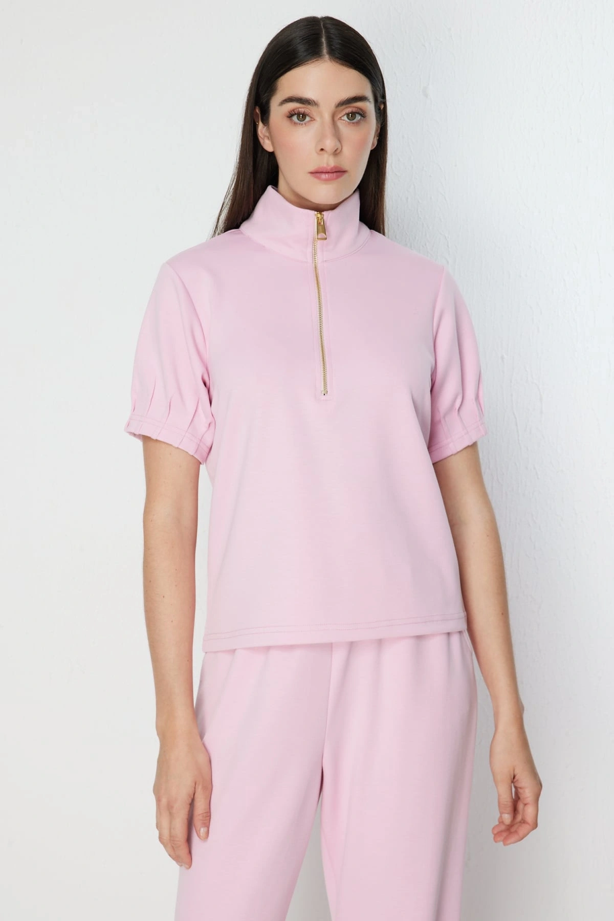 On Fashion Kolları Dikişli Önü Fermurlı Dik Yaka Bluz 76373