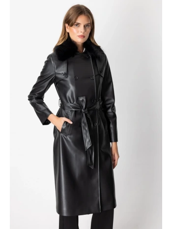 Ekol Yakası Kürklü Deri Trençkot 07007