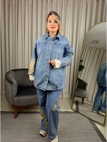 Ghisa Kuş İşlemeli Taşlı Düğmeli İkili Kot Takım 25YGSTKM3951 Mavi