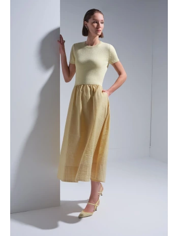 Join Us Bisiklet Yaka Kumaş Etekli Sarı Midi Elbise 2025S146