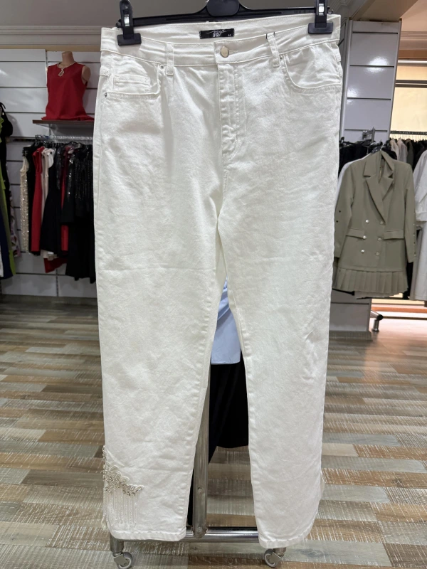 my312 Paçası Taş Boncuk İşlemeli Jean 25S2802-Ekru