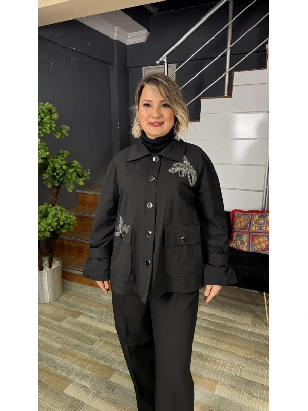 Nure Tekstil Reglan İşlemeli Cepli Trençkot 1005