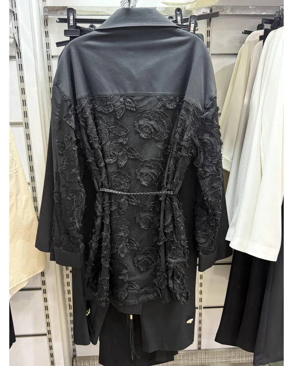 my312 Dantelli Örgü Kemerli Önü İşli İkili Takım 25S1406 - Siyah