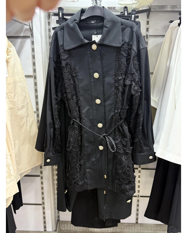 my312 Dantelli Örgü Kemerli Önü İşli İkili Takım 25S1406 - Siyah