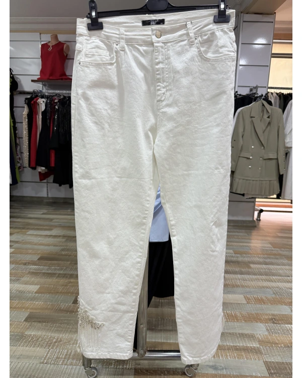 my312 Paçası Taş Boncuk İşlemeli Jean 25S2802-Ekru