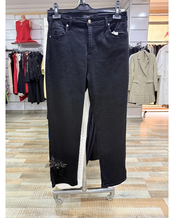 my312 Paçası Taş Boncuk İşlemeli Jean 25S2802-Siyah