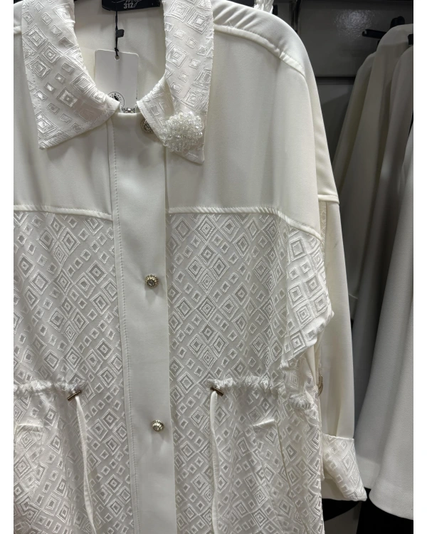 my312 Yakası Broşlu Taşlı Düğmeli Jakarlı Takım 25S1416 Ekru
