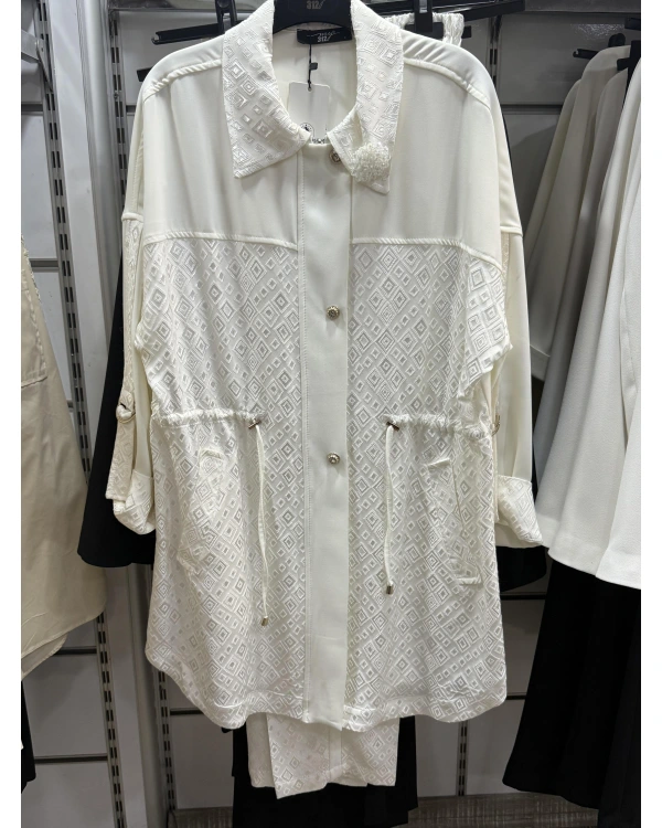 my312 Yakası Broşlu Taşlı Düğmeli Jakarlı Takım 25S1416 Ekru