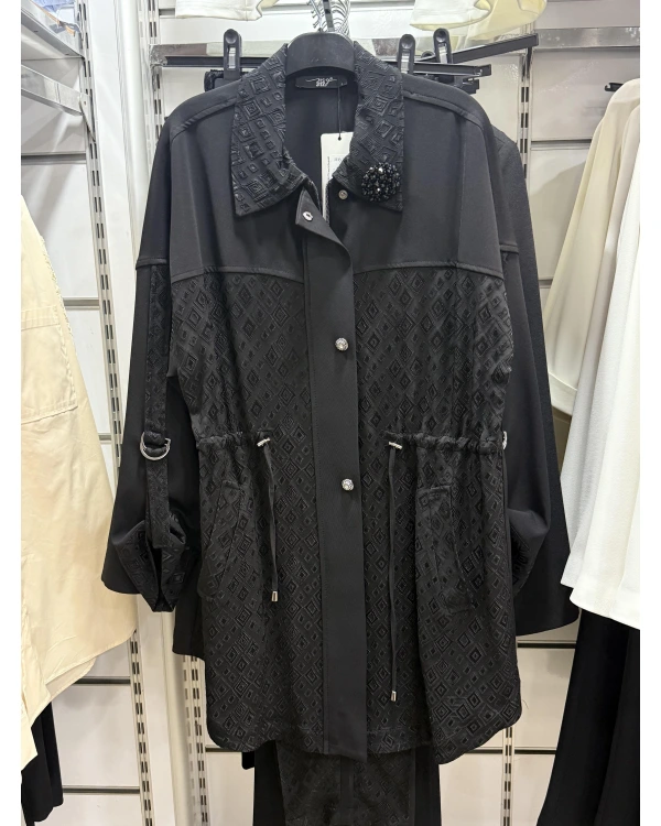 my312 Yakası Broşlu Taşlı Düğmeli Jakarlı Takım 25S1416 Siyah