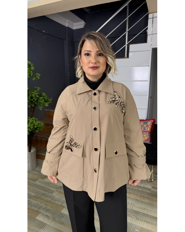 Nure Tekstil Reglan İşlemeli Cepli Trençkot 1005