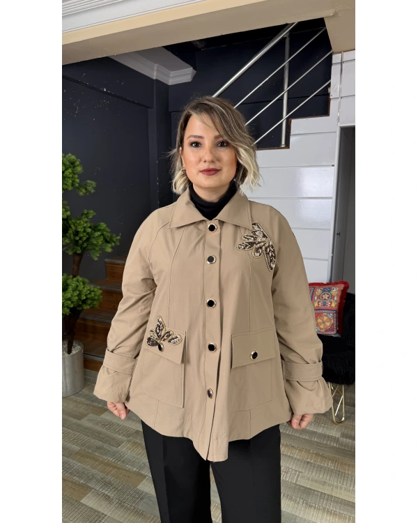 Nure Tekstil Reglan İşlemeli Cepli Trençkot 1005