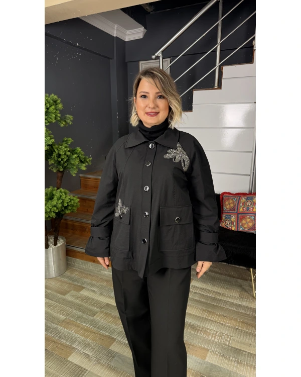 Nure Tekstil Reglan İşlemeli Cepli Trençkot 1005