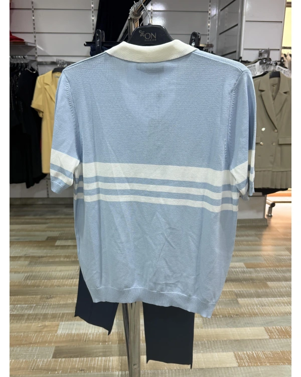 On Fashion Çizgi Detaylı Polo Yaka Kısa Kol Bluz 53300