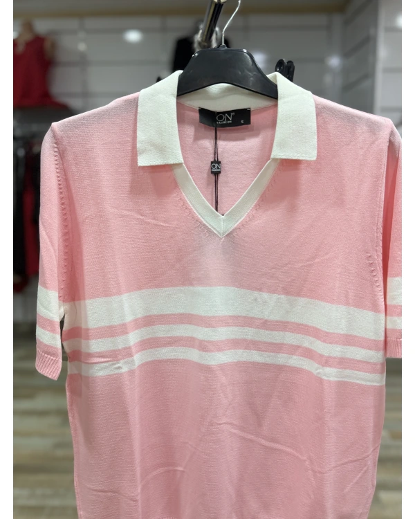On Fashion Çizgi Detaylı Polo Yaka Kısa Kol Bluz 53300