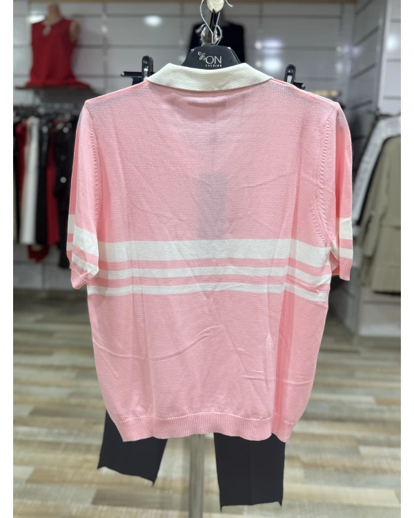 On Fashion Çizgi Detaylı Polo Yaka Kısa Kol Bluz 53300