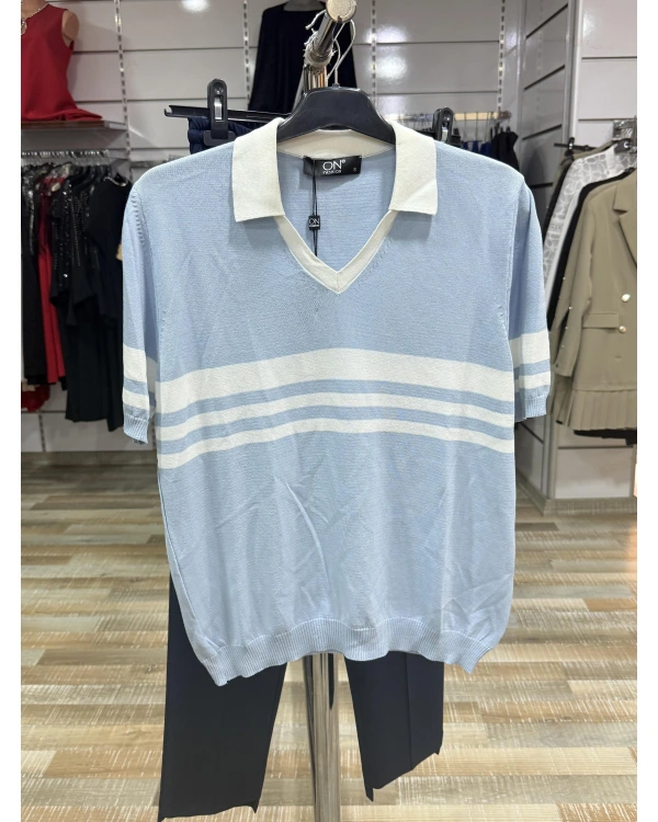 On Fashion Çizgi Detaylı Polo Yaka Kısa Kol Bluz 53300