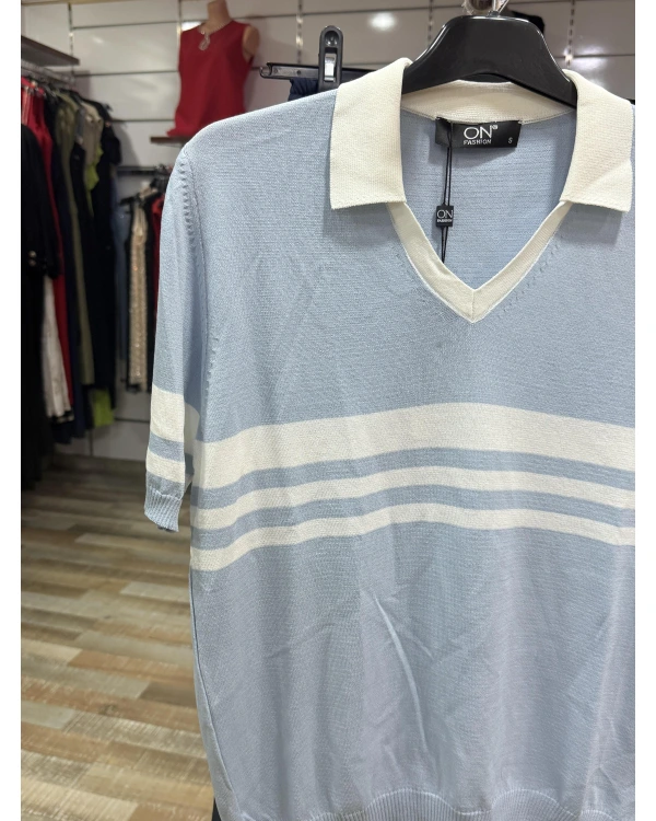 On Fashion Çizgi Detaylı Polo Yaka Kısa Kol Bluz 53300