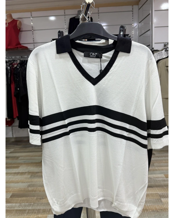 On Fashion Çizgi Detaylı Polo Yaka Kısa Kol Bluz 53300