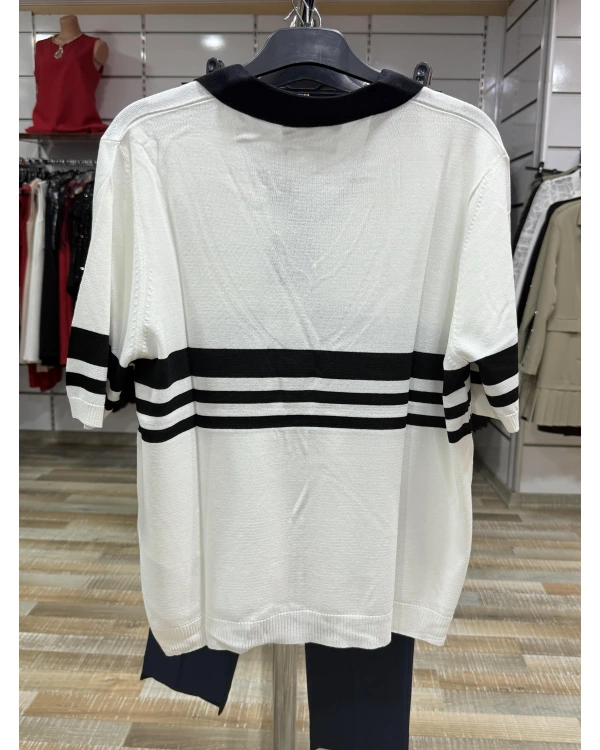 On Fashion Çizgi Detaylı Polo Yaka Kısa Kol Bluz 53300