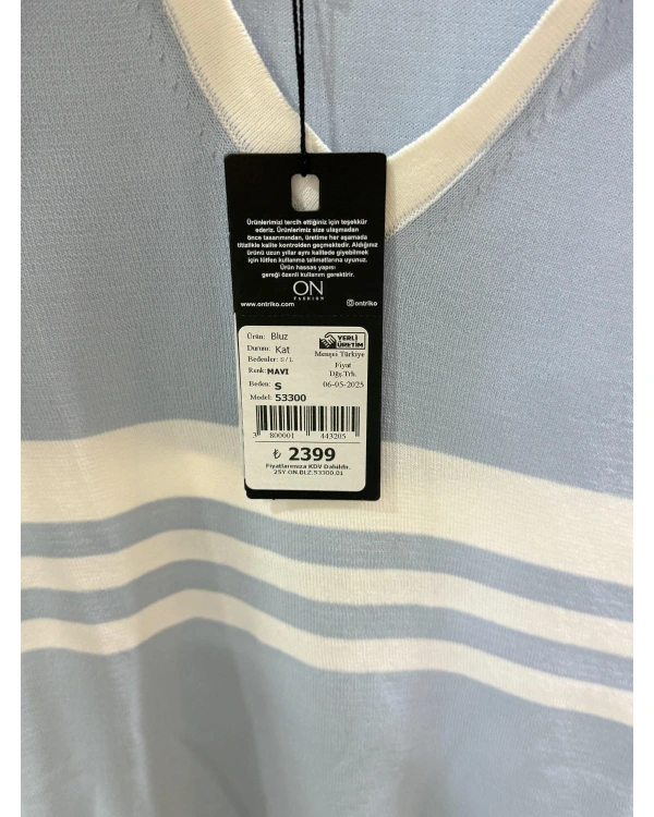 On Fashion Çizgi Detaylı Polo Yaka Kısa Kol Bluz 53300