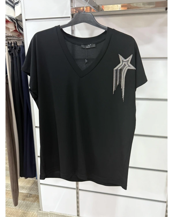 On Fashion Zincirli Yıldız Detaylı V Yaka Bluz 5647