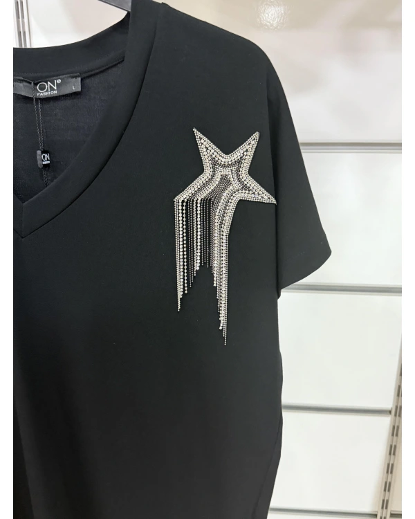 On Fashion Zincirli Yıldız Detaylı V Yaka Bluz 5647