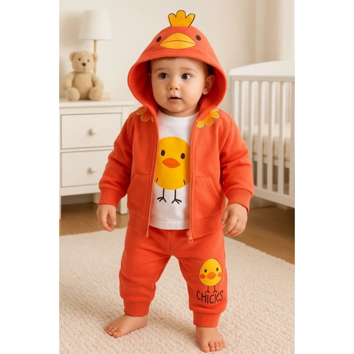 Civciv Desenli Kapişonlu 3lü Erkek Bebek Takımı