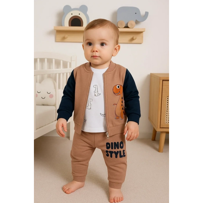 Dinazor Desenli Hırkalı 3lü Erkek Bebek Takım