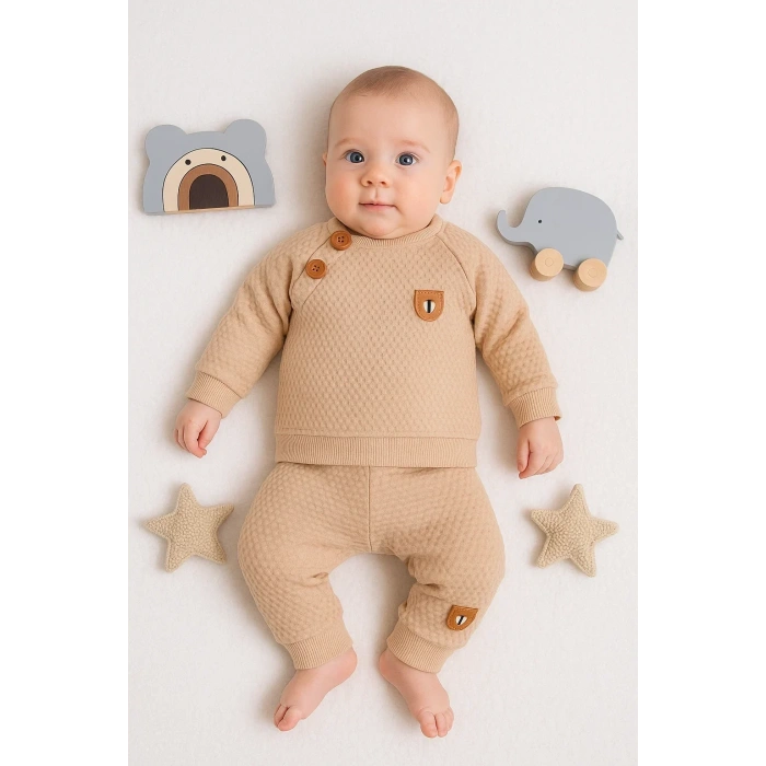 Jakarlı Omuzdan Düğmeli 2li Erkek Bebek Takımı