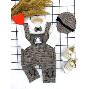 3-6-9-12 Ay Papyonlu Kırçıl Nakış Detaylı Kasket Şapkalı Uzun Kollu 3lü Erkek Bebek Salopet Takımı Bej