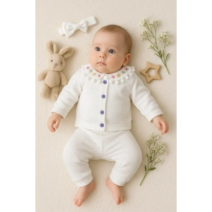 Çiçek Nakışlı Düşmeli Bandanalı Kız Bebek Takımı