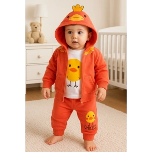 Civciv Desenli Kapişonlu 3lü Erkek Bebek Takımı