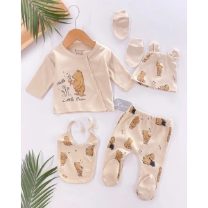 Hello Little Bear Baskılı 5 Parça %100 Pamuk Erkek Bebek Hastane Çıkışı