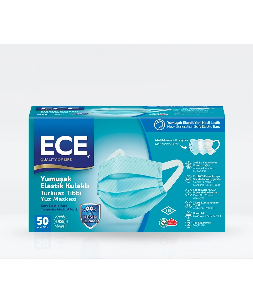 Ece 4 Katlı (Meltblown) Maske Yumuşak Elastik Yeni Nesil Lastikli (50 li) Turkuaz
