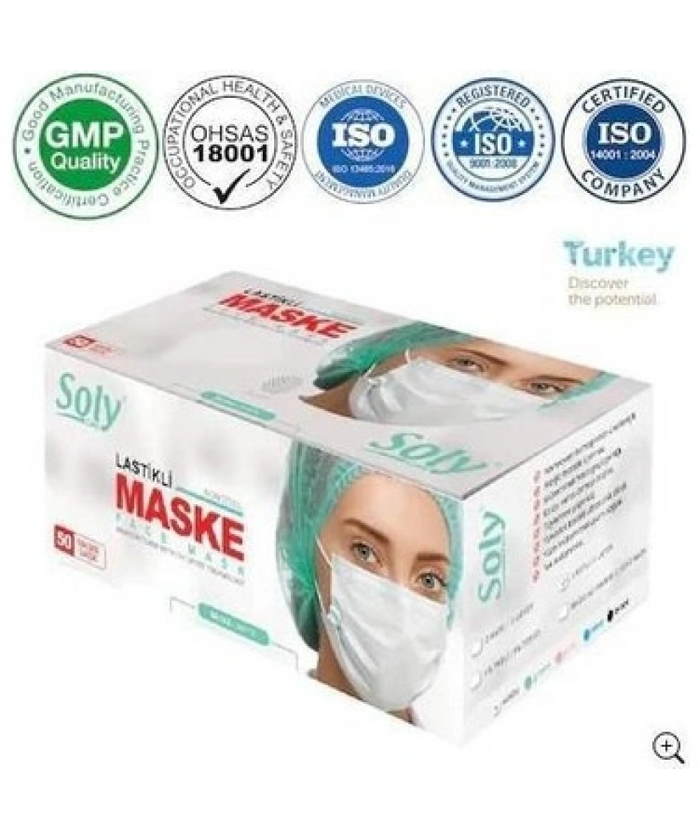 Soly Maske 3 Katlı Lastikli Meltblown 50 adet Beyaz