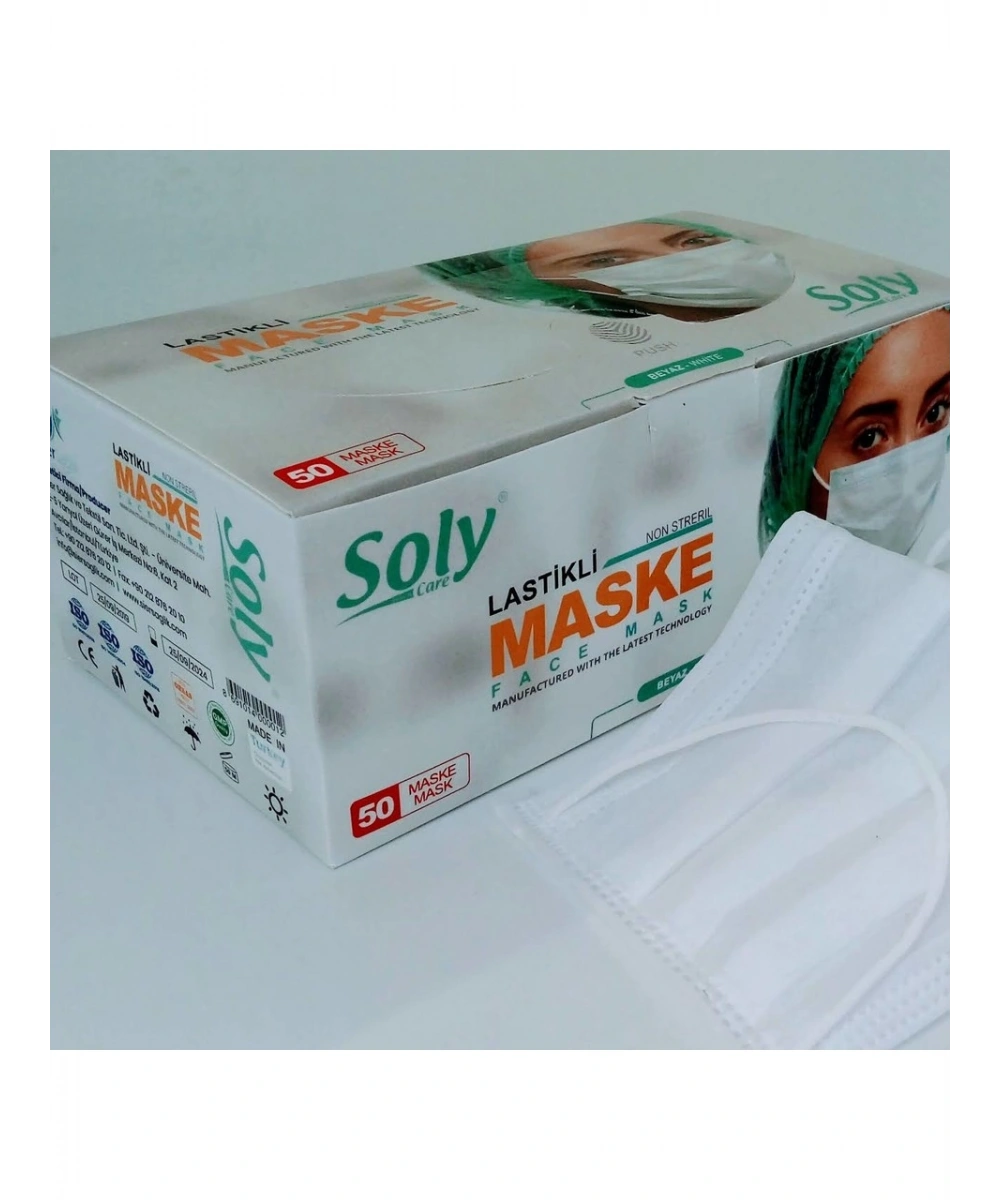 Soly Maske 3 Katlı Lastikli Meltblown 50 adet Beyaz