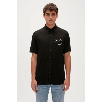 Bad Bear Smile Shirt Siyah Kısa Kollu Baskılı Erkek Gömlek