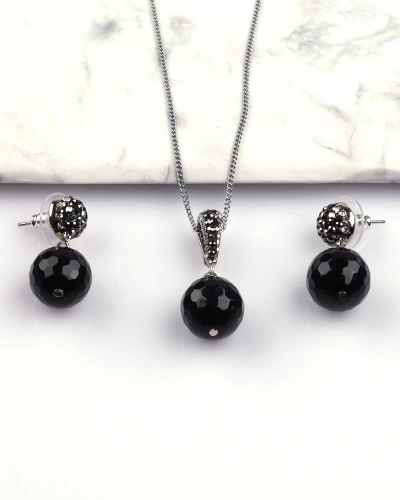 Oniks Doğal Taş Fasetli Kesim Kolye - Küpe 2li Set