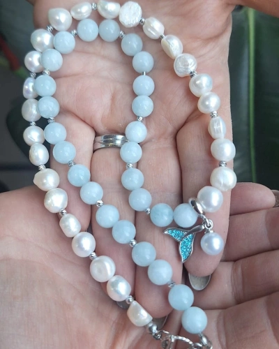 İNCİ VE AKUAMARİN KOLYE