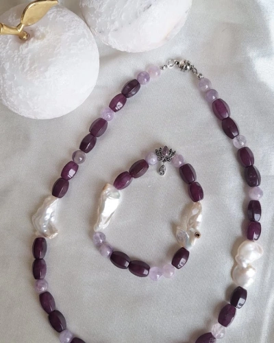 925 AYAR GÜMÜŞ KAPAMALI AMETİST VE İNCİ DOĞAL TAŞ TAKIM