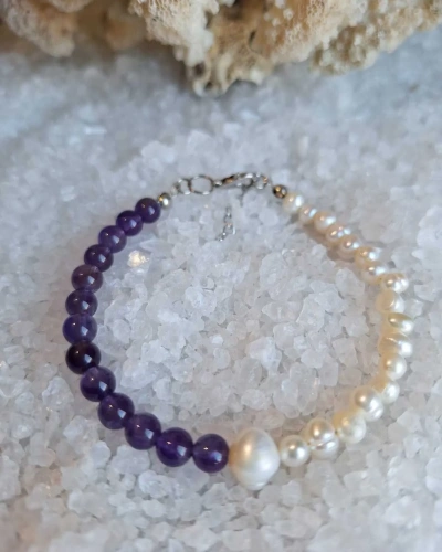 AMETİST VE İNCİ DOĞAL TAŞ BİLEKLİK 20CM