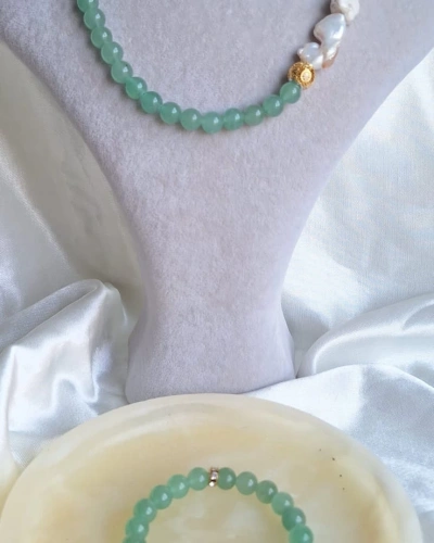 Aventurin ve Amorf İnci 925 Ayar Gümüş Kapamalı Doğal taş Kolye bileklik takım