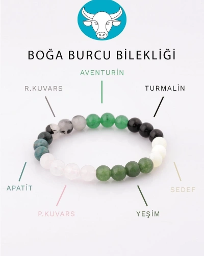 Boğa Burcu Taşlarından Oluşan Doğal Taş Bileklik 8 mm Küre Kesim - Burç Bilekliği
