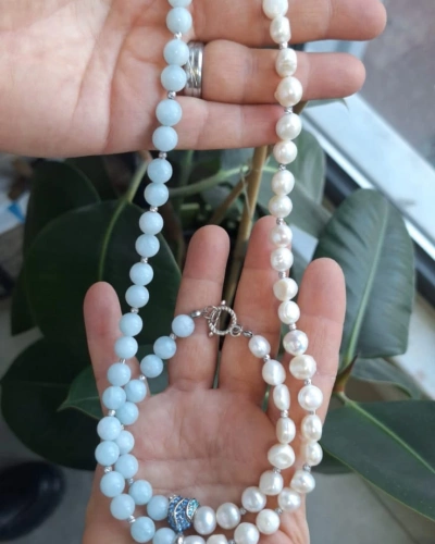 İNCİ VE AKUAMARİN KOLYE VE BİLEKLİK SET