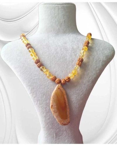 SİTRİN VE RUDRAKSHA DOĞAL TAŞ UZUN KOLYE