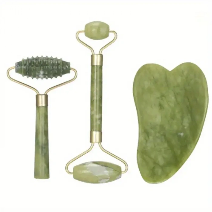3 Adet Yeşim Rulosu & Gua Sha, Yüz Rulosu Masajörü ile Gua Sha Kazıma Aracı, Yüz ve Boyun için Yeşim Taş Masajörü