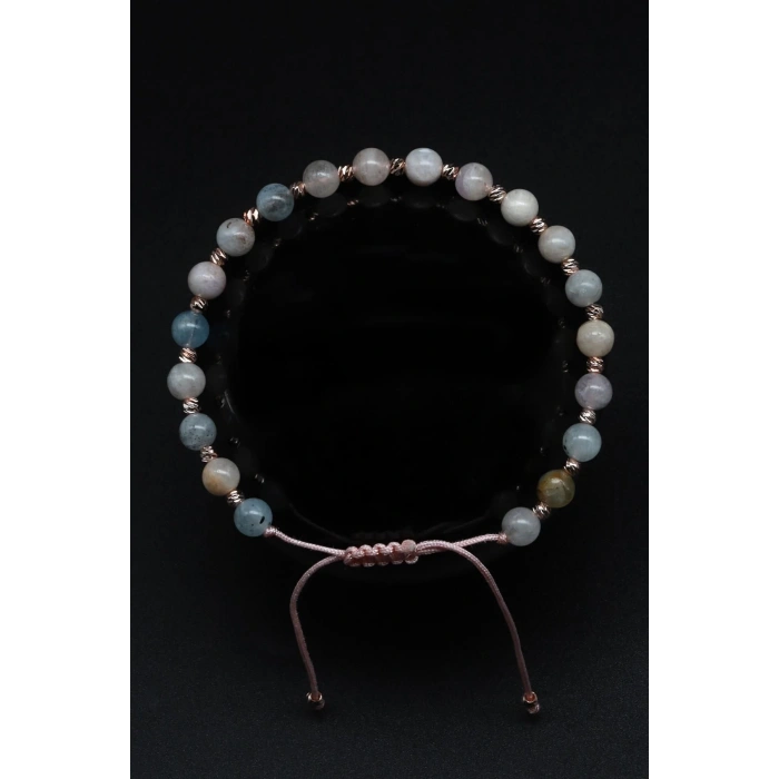 Akuamarin - Heliodor - Morganit Doğal Taş Makrome Örme Bileklik Küre Kesim