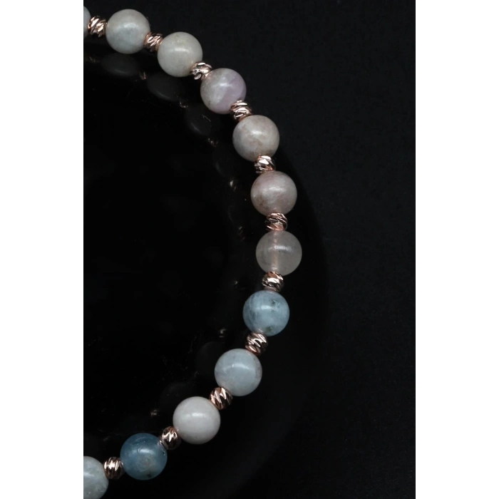 Akuamarin - Heliodor - Morganit Doğal Taş Makrome Örme Bileklik Küre Kesim
